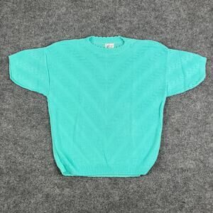 Vintage Haband Knit Sweater Womens Size S Aqua Short Sleeve Pullover Grandma